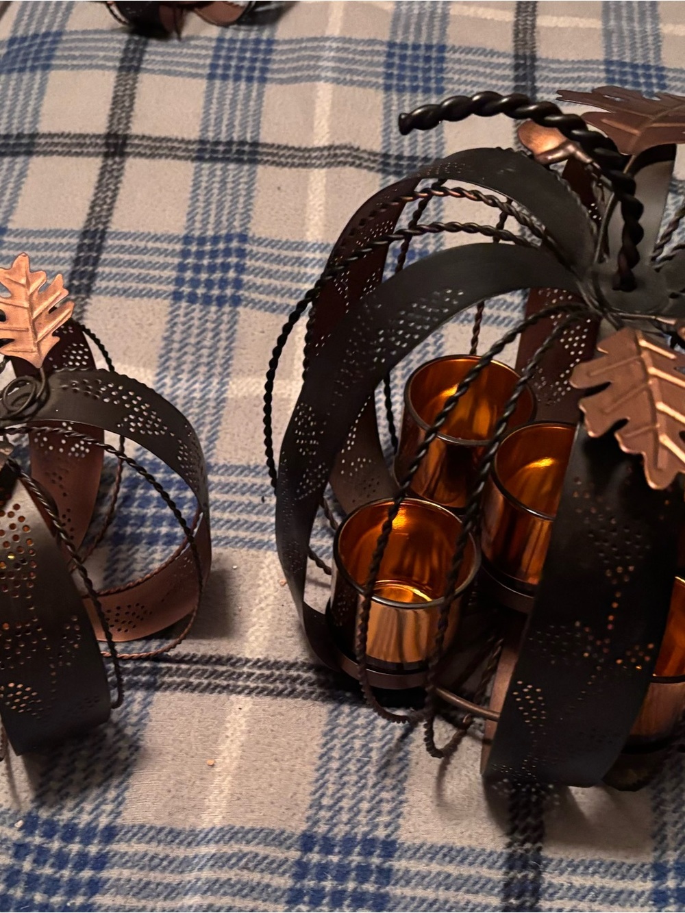Autumn Leaf Metal Pumpkin Votive Holder - Copper and Black